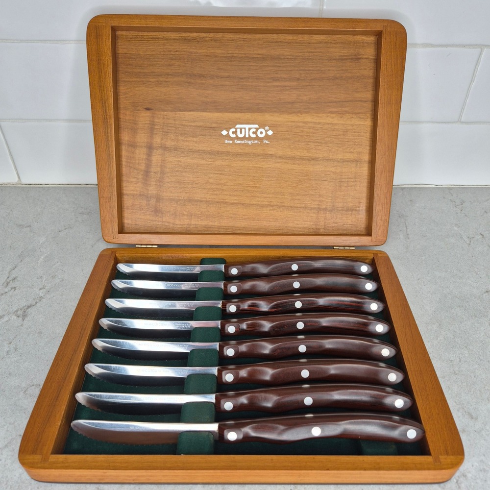Cutco Steak Knives 1059 Double-D Serrated Set Of 8 Brown Wood Case USA